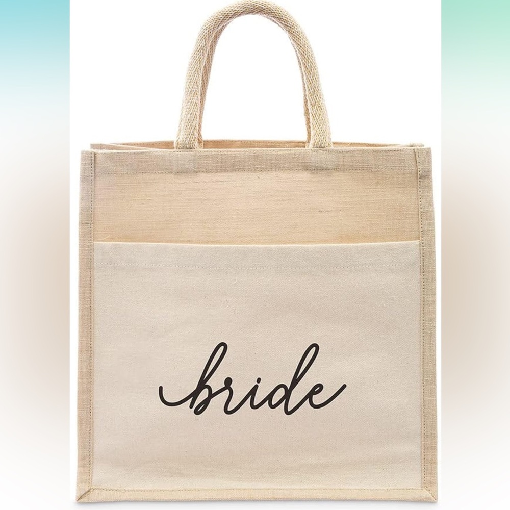 NWT Personalized Medium Woven Jute Tote Bag With Pocket